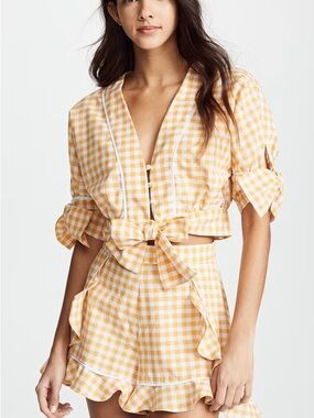 The Fifth Label Yellow Swirl Puff-Sleeve Crop Top
